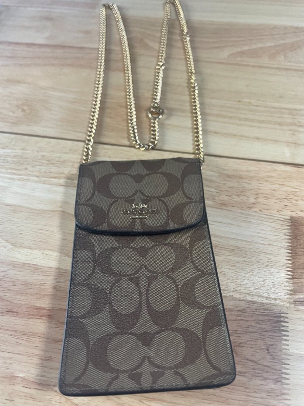 Coach Signature Phone Crossbody Wallet Chain Strap Brown Khaki PVC - Picture 3 of 14